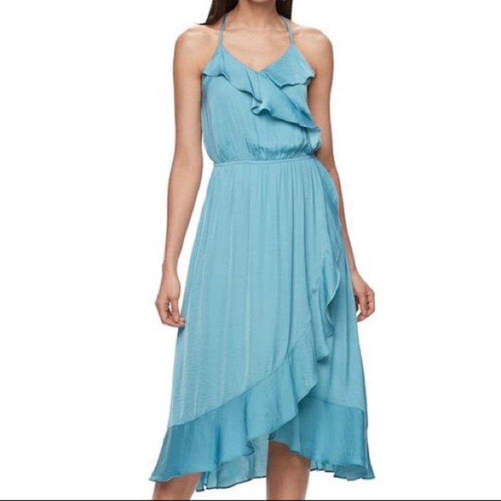 JENNIFER LOPEZ Blue Faux-Wrap Midi Dress medium